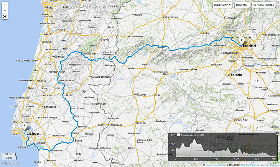 Gefietste route Madrid naar Lissabon, mei 2015